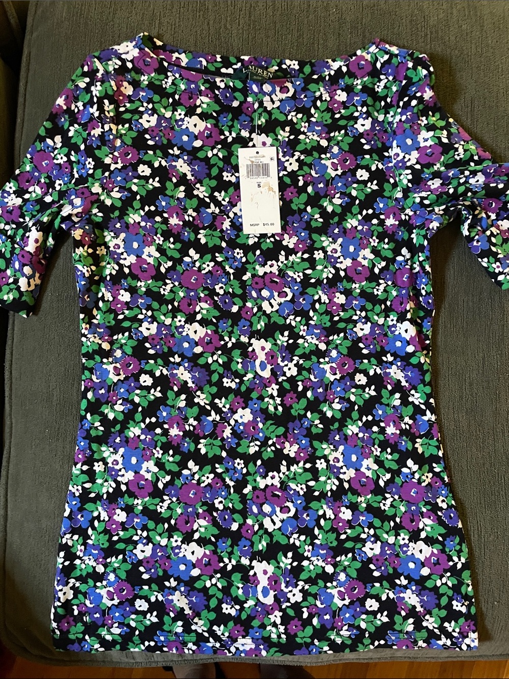 Lauren Ralph Lauren Black Floral Boatneck Top - Purple, Blue & Green